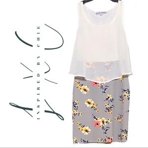 Almost Famous Sheer Overlay Floral Bottom Bodycon Dress